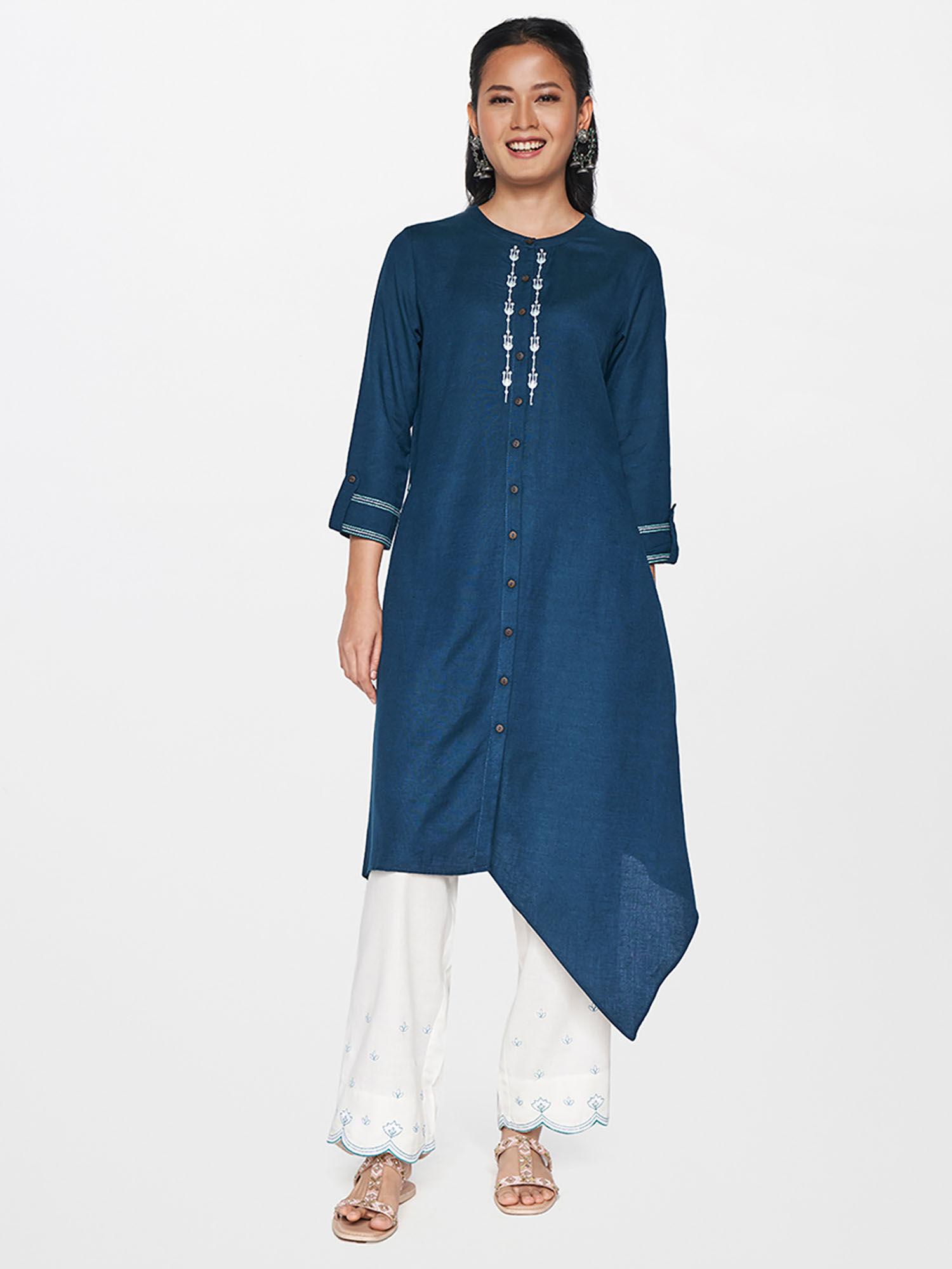 teal embroidered a-line kurta