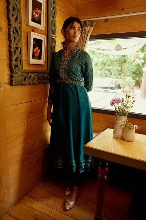 teal embroidered anarkali mughal gown with tights