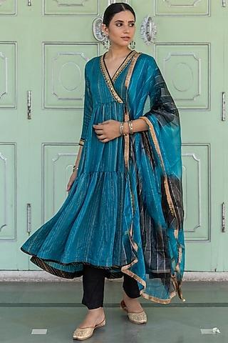 teal embroidered anarkali set