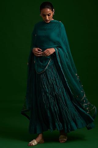 teal embroidered anarkali set