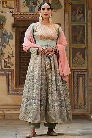 teal embroidered anarkali set