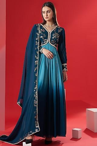 teal embroidered anarkali set