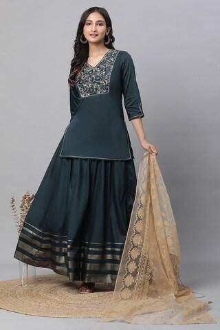 teal embroidered ankle-length ethnic women regular fit top skirt dupatta set