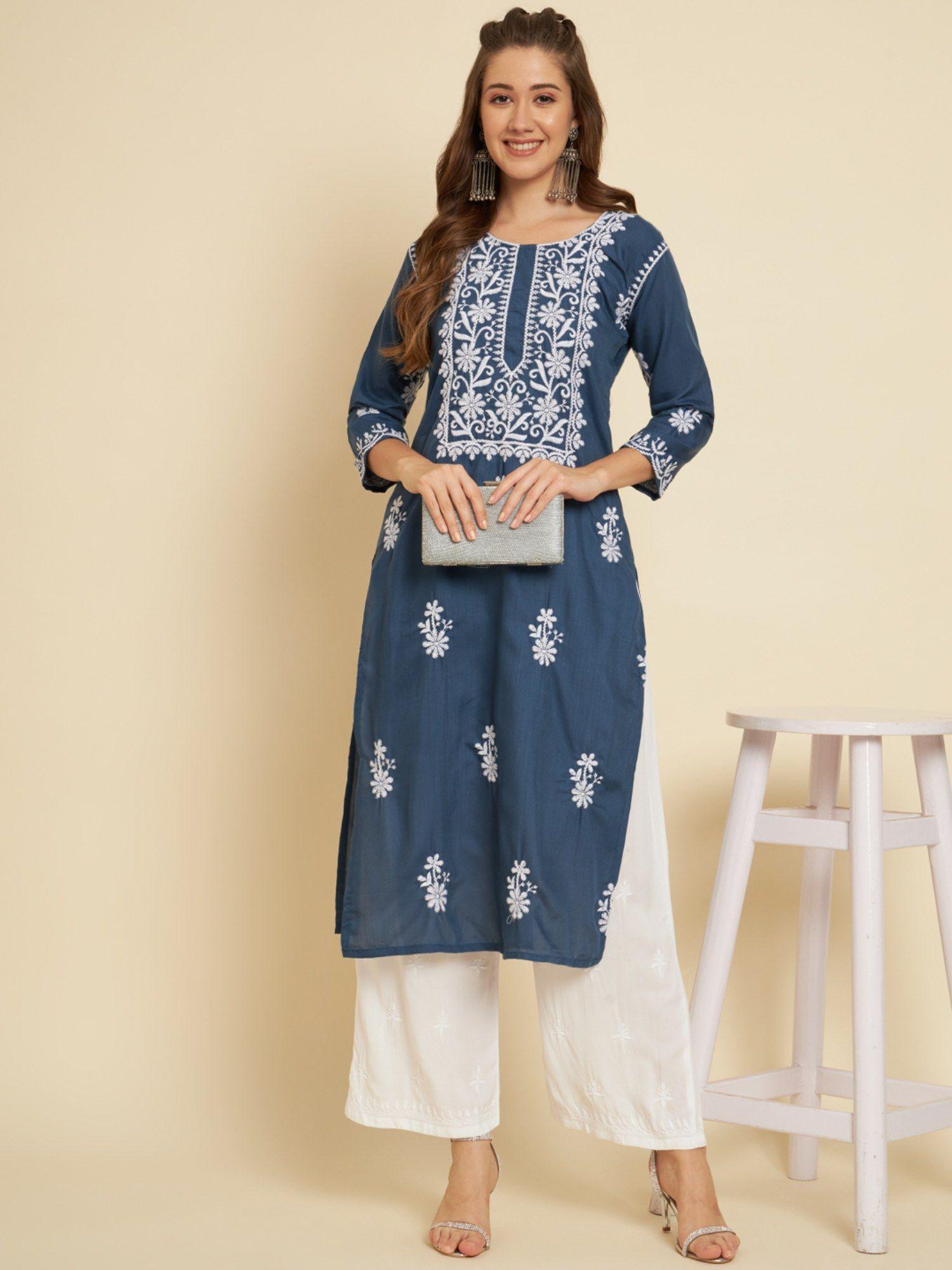 teal embroidered cotton chikankari straight kurta