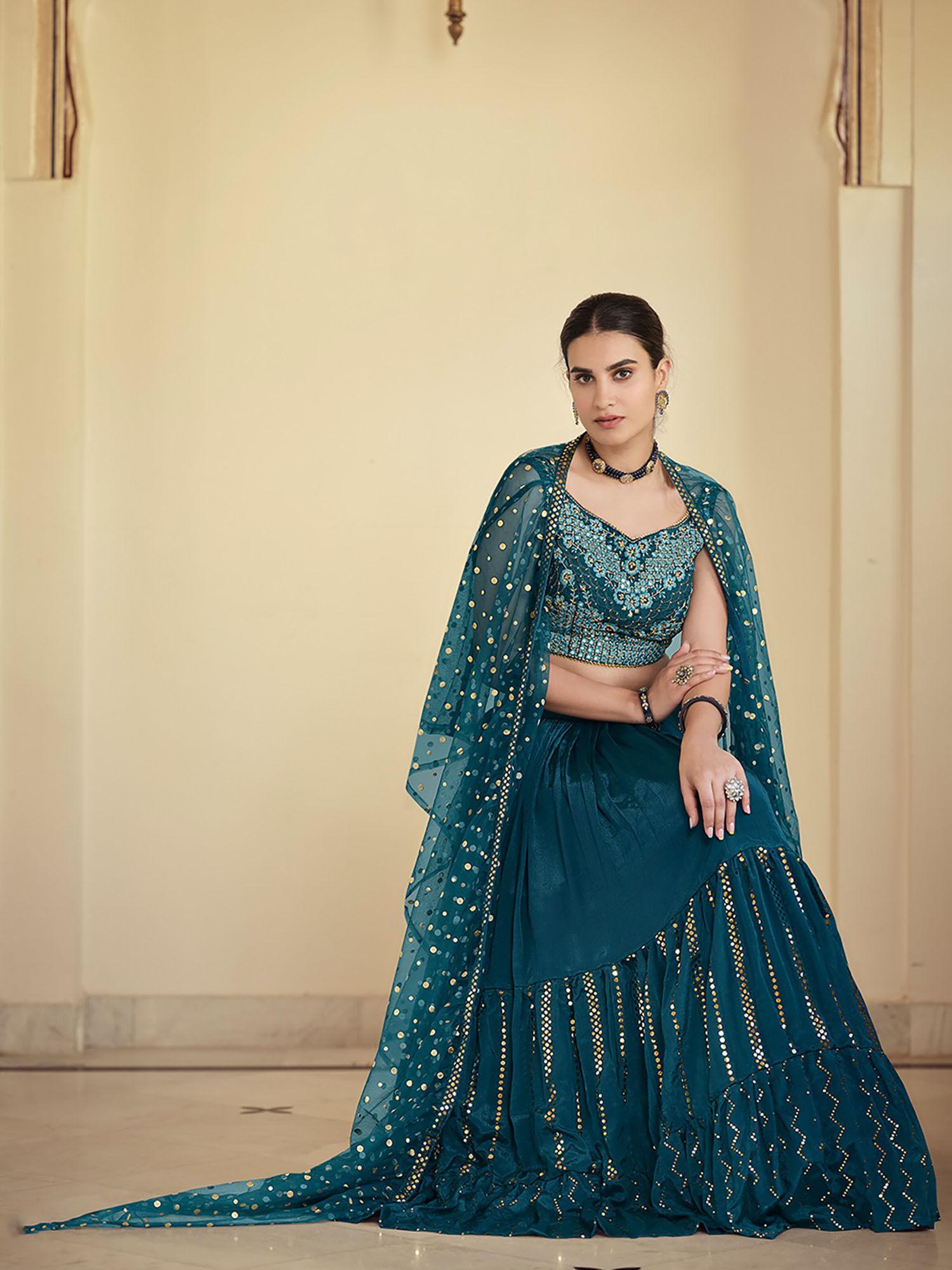 teal embroidered crepe semi stitched lehenga with unstitched blouse (set of 3)