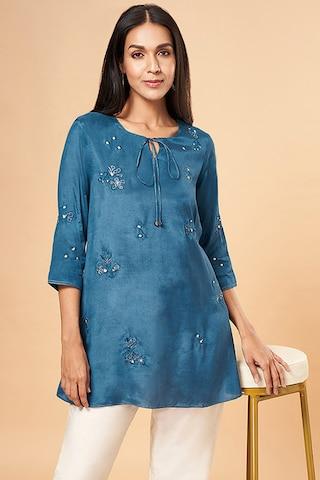 teal embroidered ethnic 3/4th sleeves round neck women comfort fit  tunic