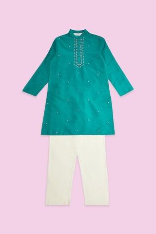teal embroidered ethnic mandarin full sleeves calf-length boys regular fit pant kurta set