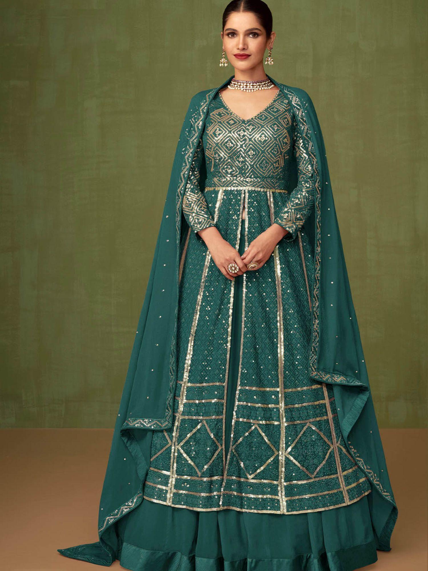 teal embroidered georgette a-line semi-stitched anarkali suit (set of 3)