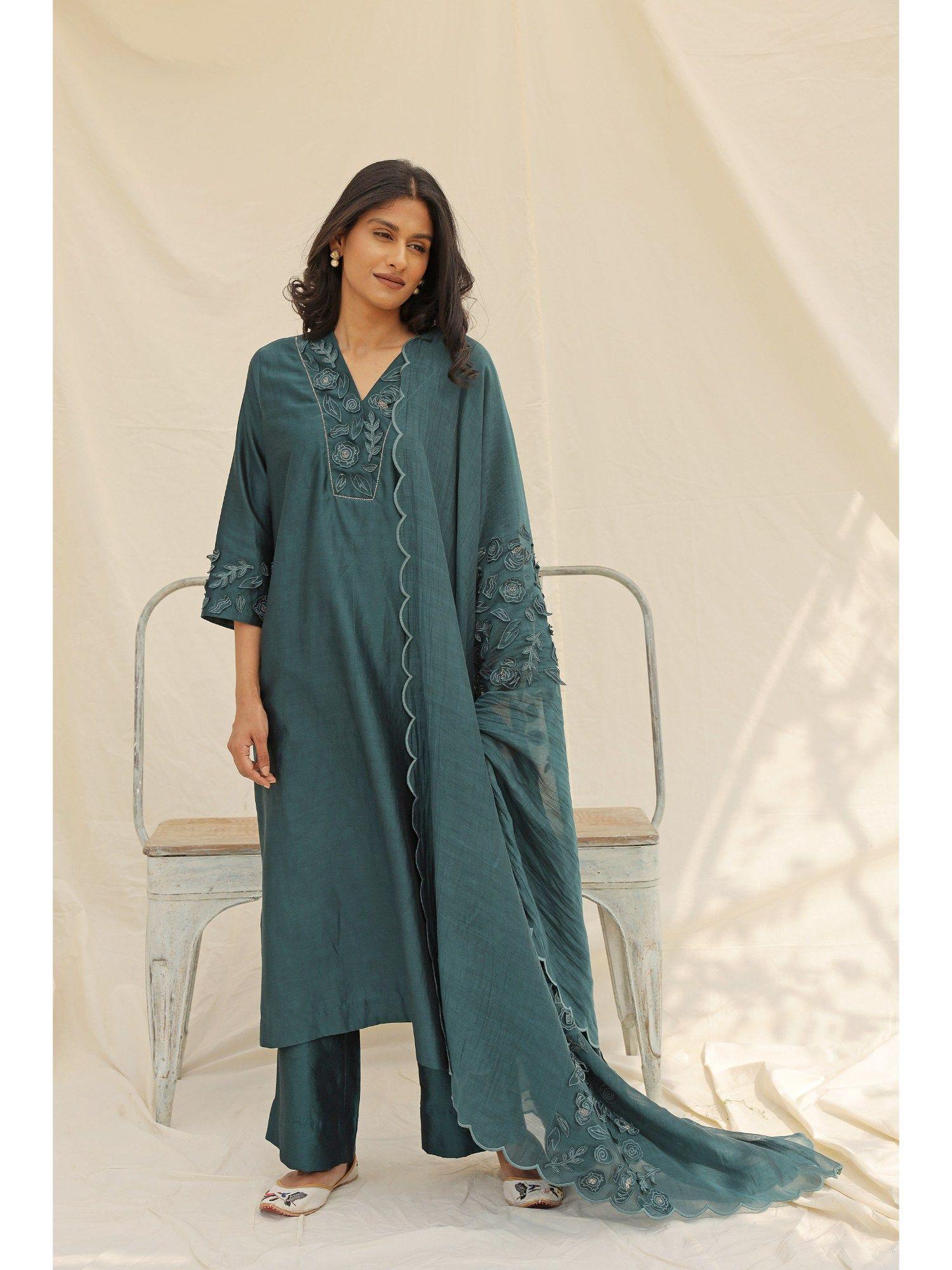 teal embroidered kurta and pant with dupatta (set of 3)