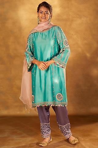 teal embroidered kurta set