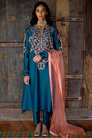 teal embroidered kurta set