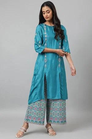 teal embroidered kurta with front slit