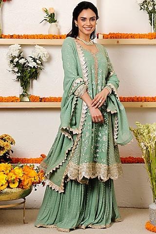 teal embroidered paneled anarkali set