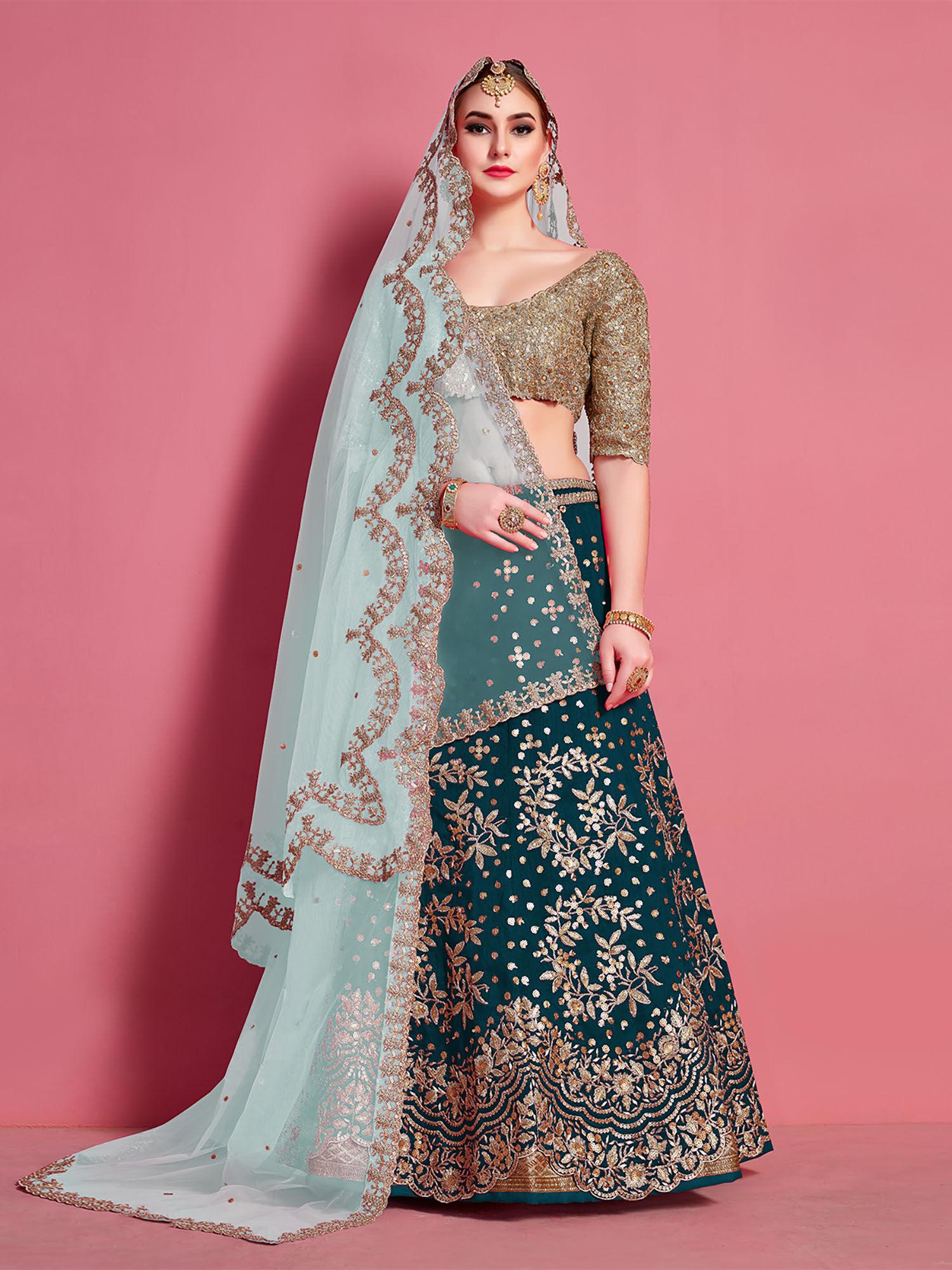 teal embroidered semi stitched lehenga with unstitched blouse (set of 3)