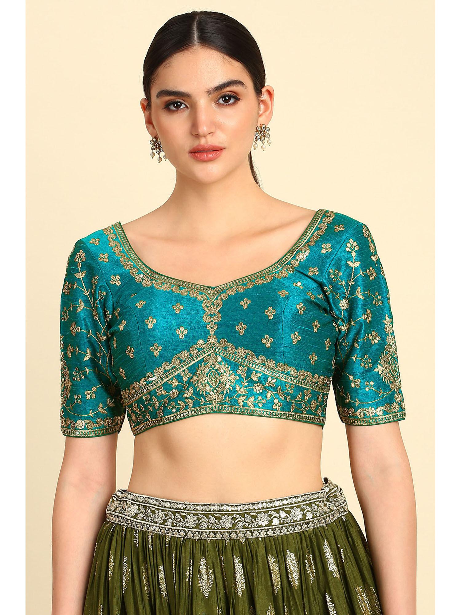 teal embroidered stitched blouse with sequins work
