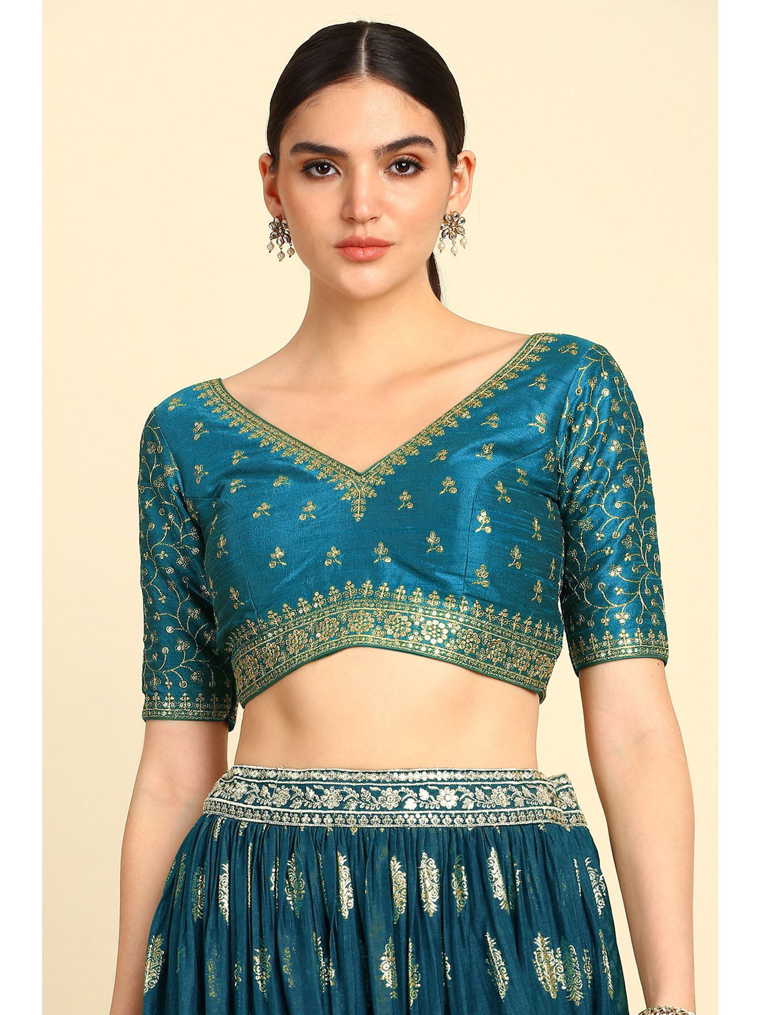 teal embroidered stitched blouse with zari