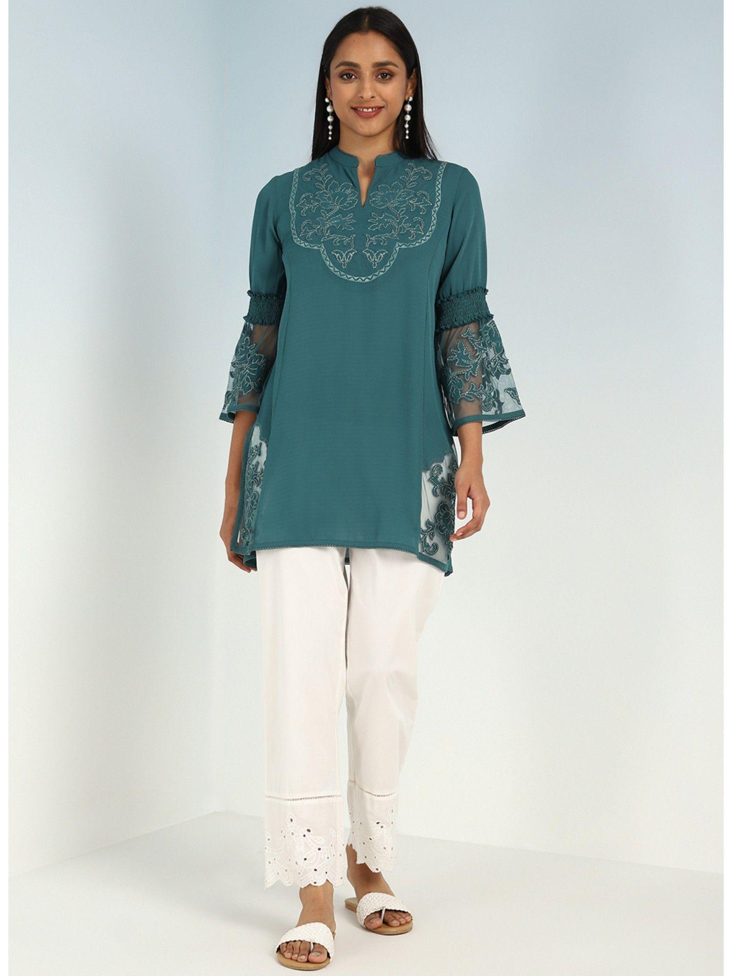 teal embroidered tunic for women with lace inserts