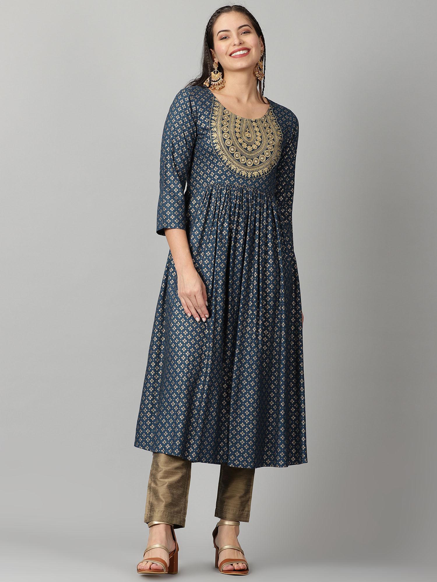 teal ethnic motifs printed empire kurta with zari neck