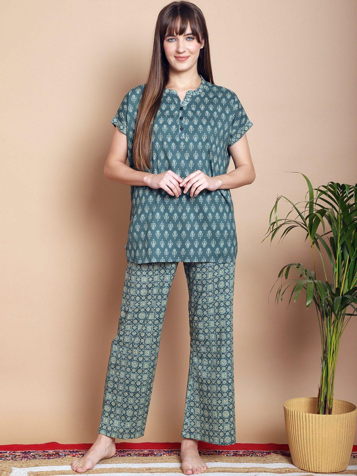 teal ethnic motifs printed pure cotton night suit (set of 2)