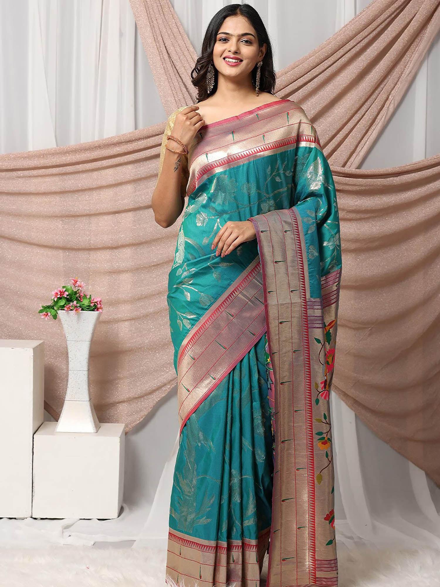 teal ethnic motifs woven design zari pathani saree with unstitched blouse