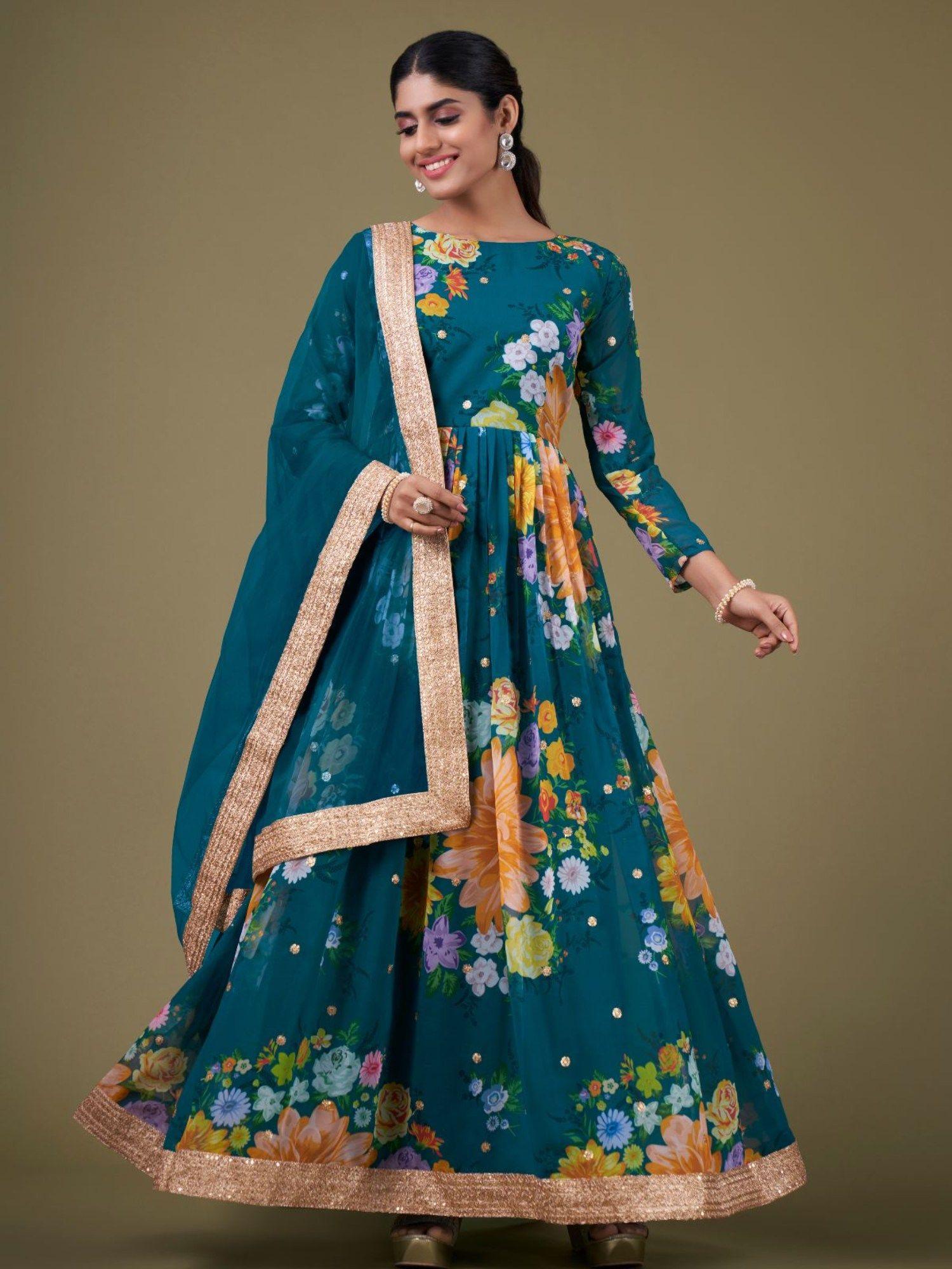 teal faux georgette printed semi stitched kurta with bottom & dupatta with dupatta (set of 3)