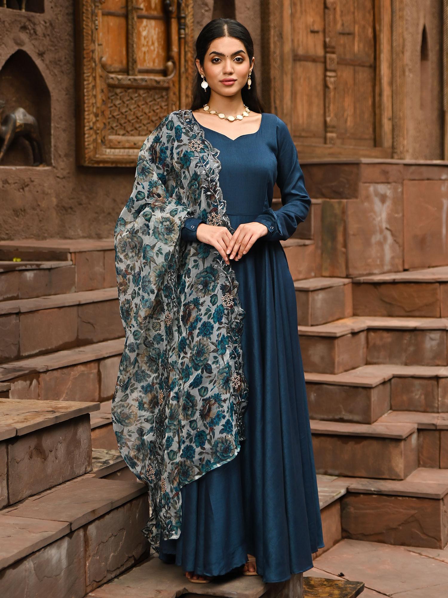 teal fit and flare anarkali with floral organza dupatta (set of 2)