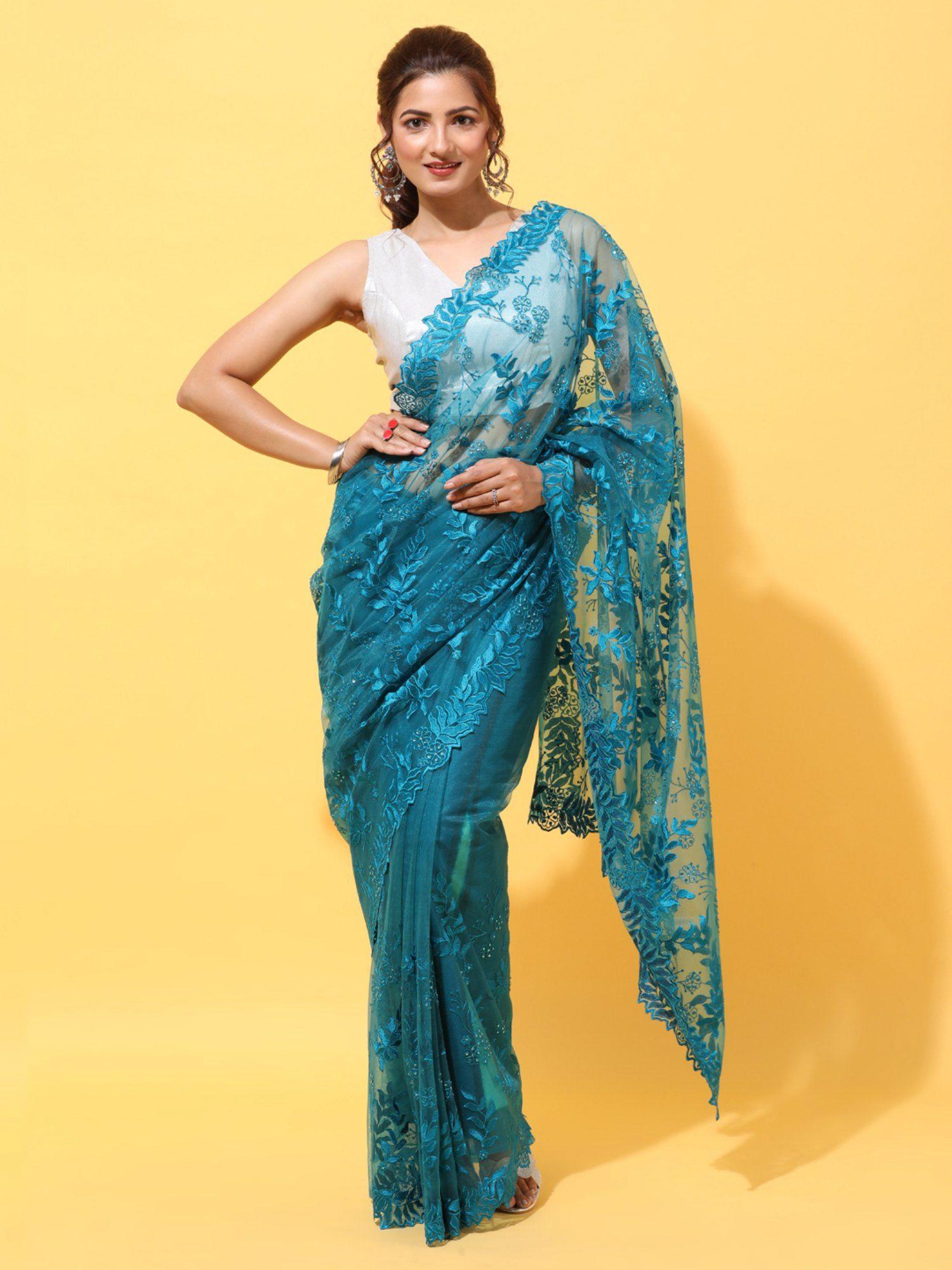 teal floral embroidered net saree with unstitched blouse with unstitched