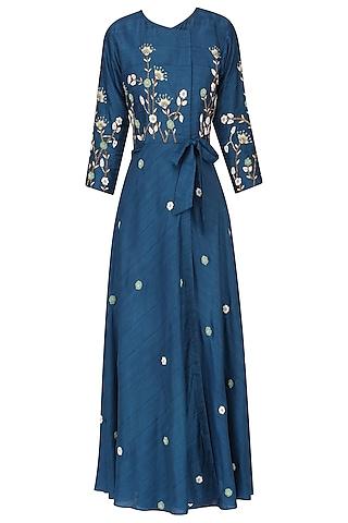 teal floral embroidered wrap dress