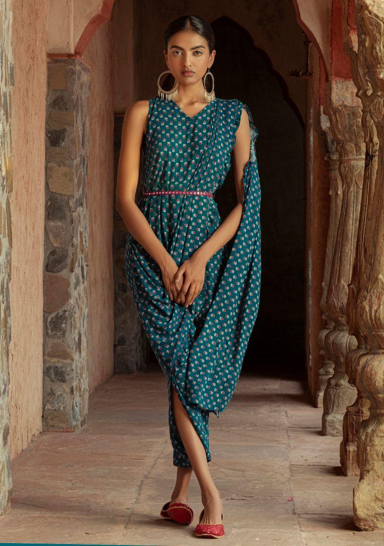 teal floral jumpsuit with attached dupatta