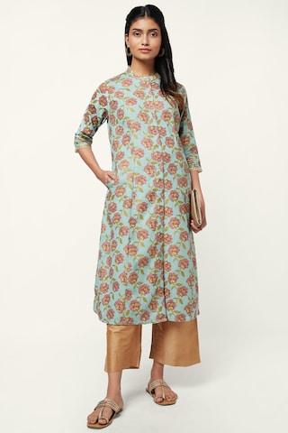 teal floral print casual mandarin 3/4th sleeves calf-length women regular fit kurta