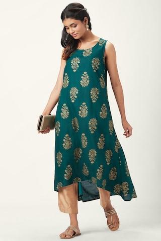 teal floral print ethnic round neck sleeveless calf-length women regular fit kurta