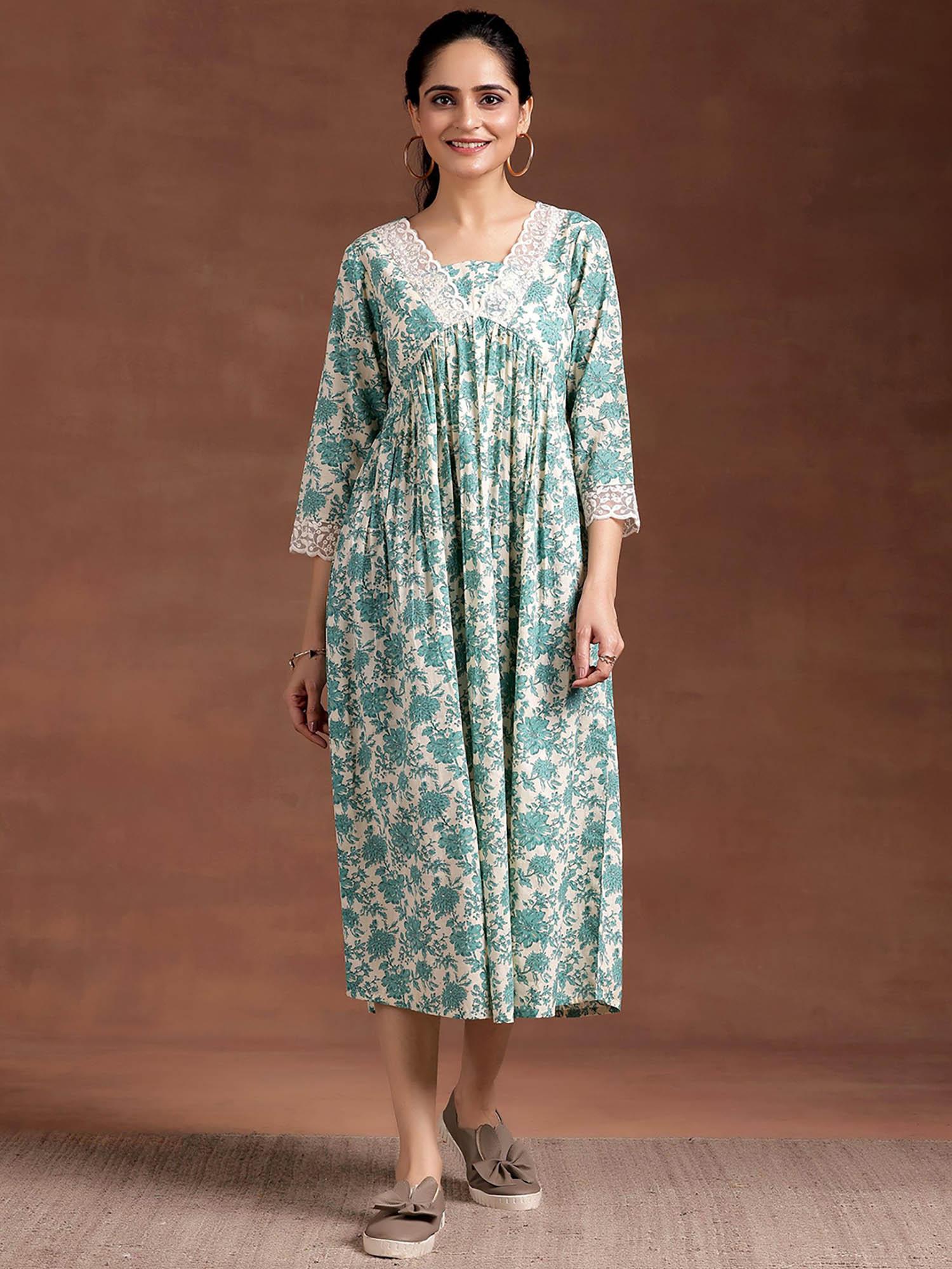 teal floral printed a-line midi dress