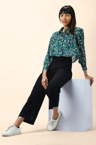 teal floral printed casual full sleeves regular collar women boxy fit shirt