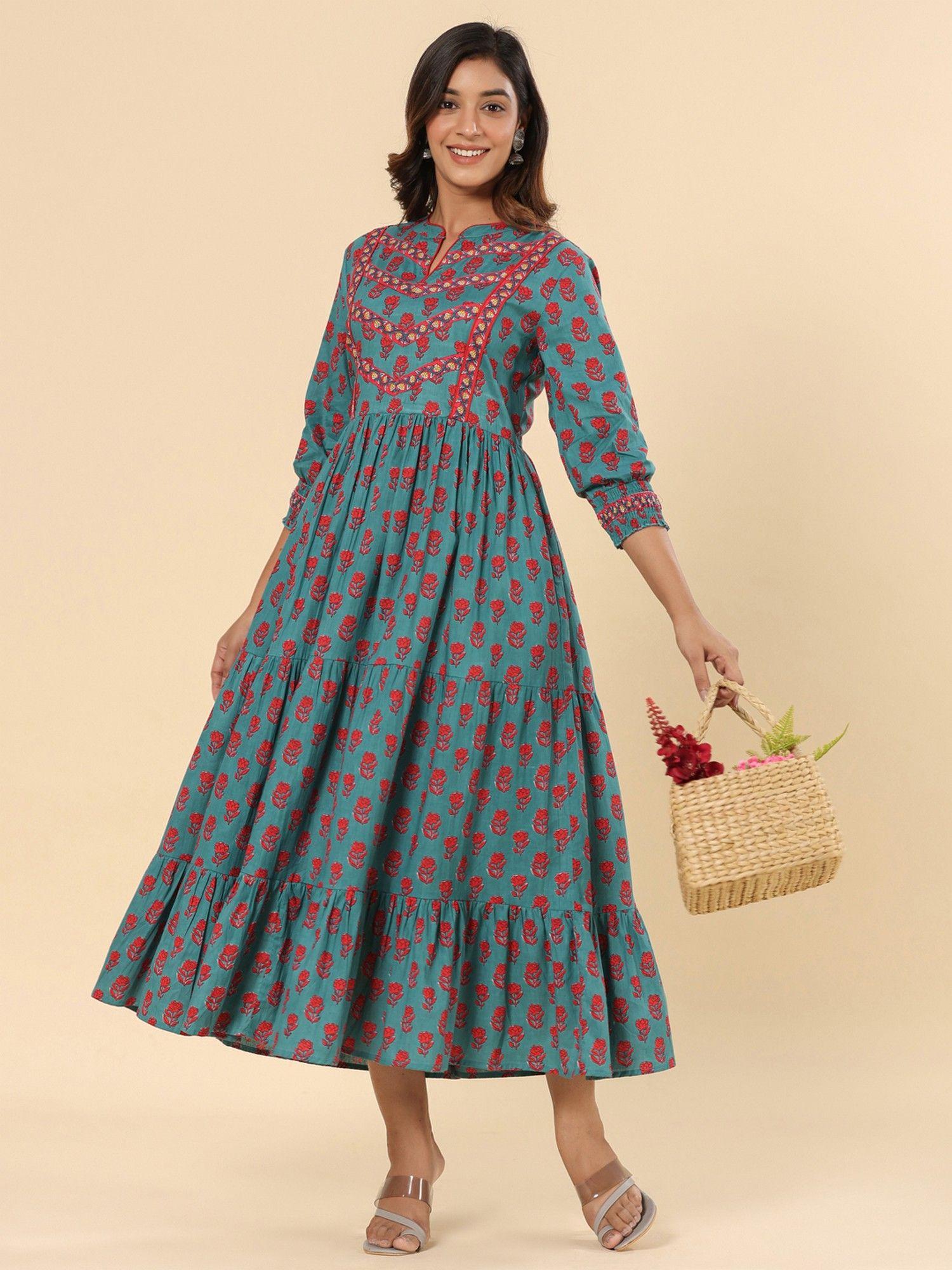 teal floral printed cotton ethnic tier dress