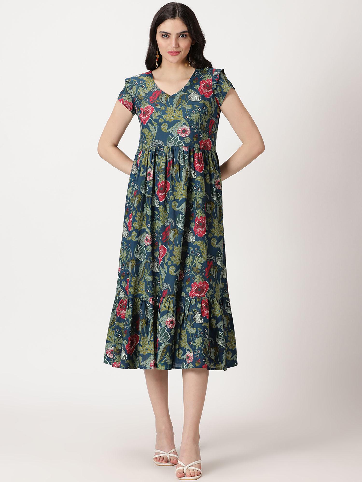 teal floral printed midi dress with flounce hem