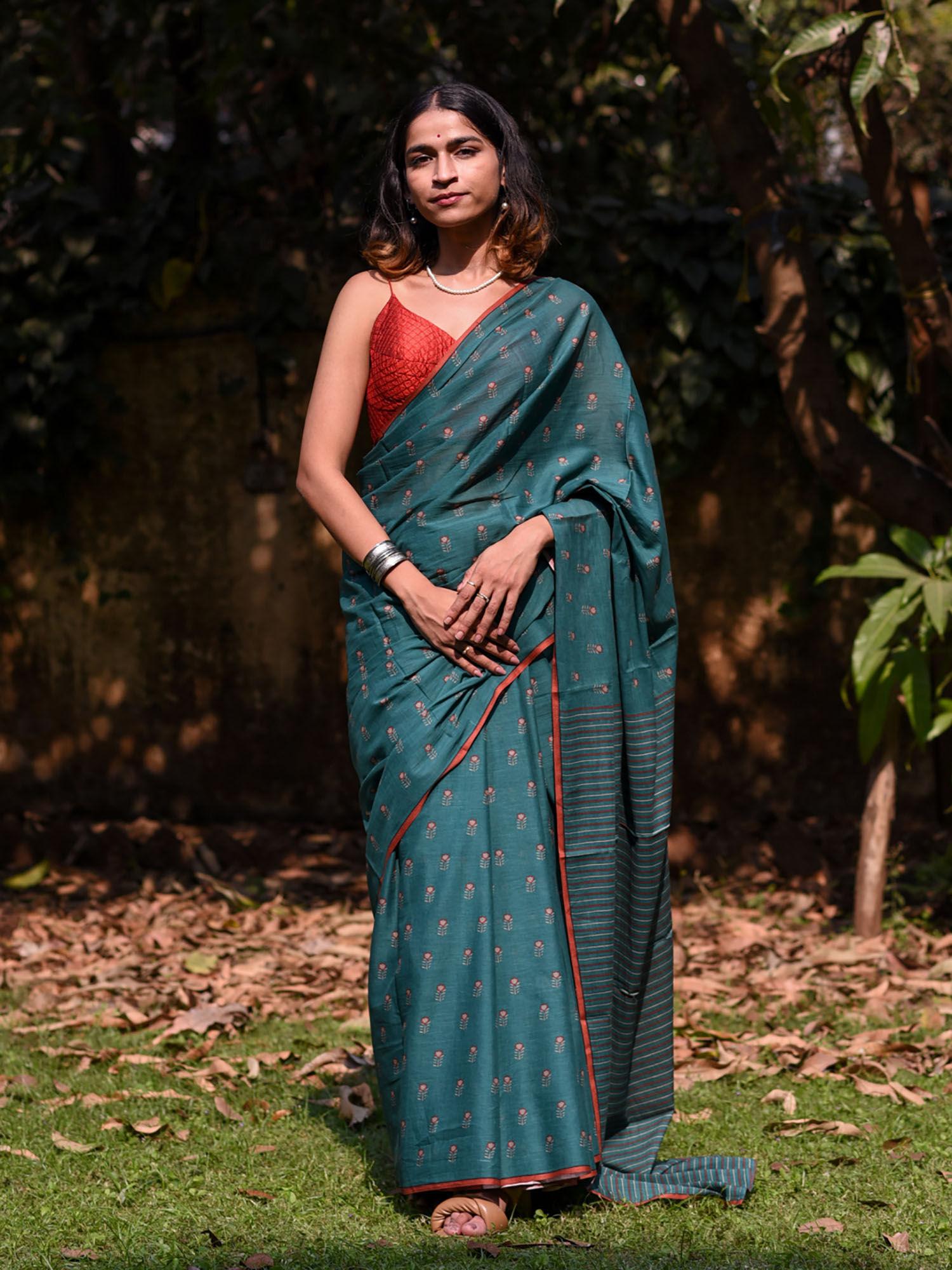 teal floral printed pure cotton saree