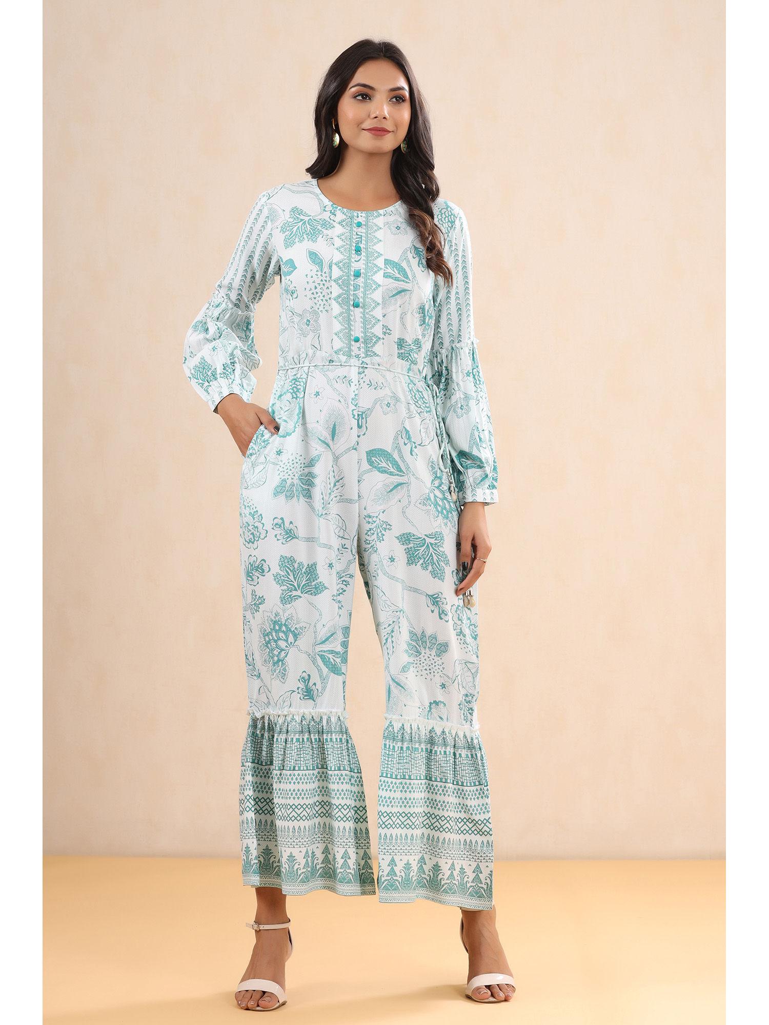 teal floral printed rayon flared jumpsuit.