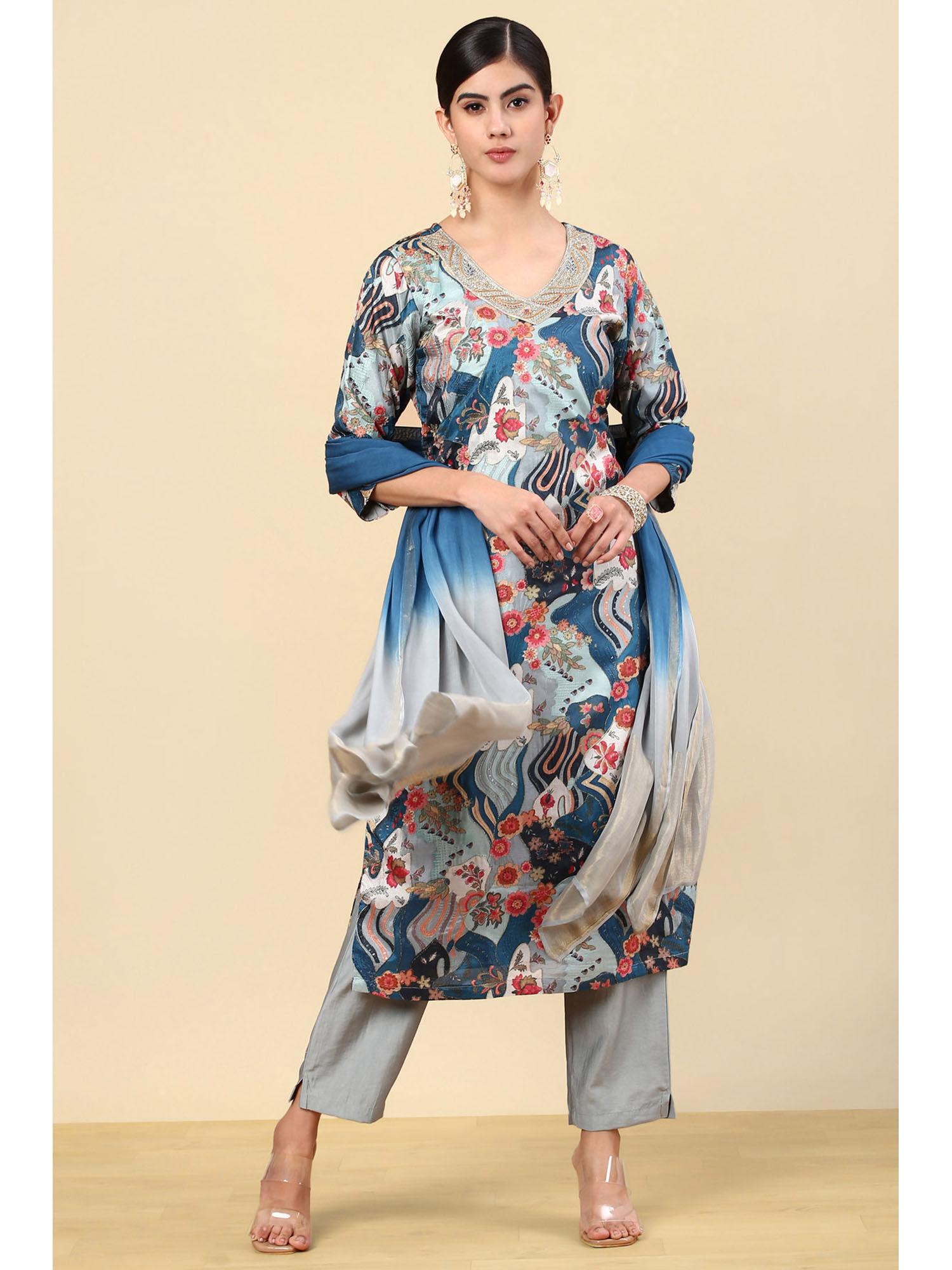 teal floral printed silk blend kurta & pant with dupatta (set of 3)