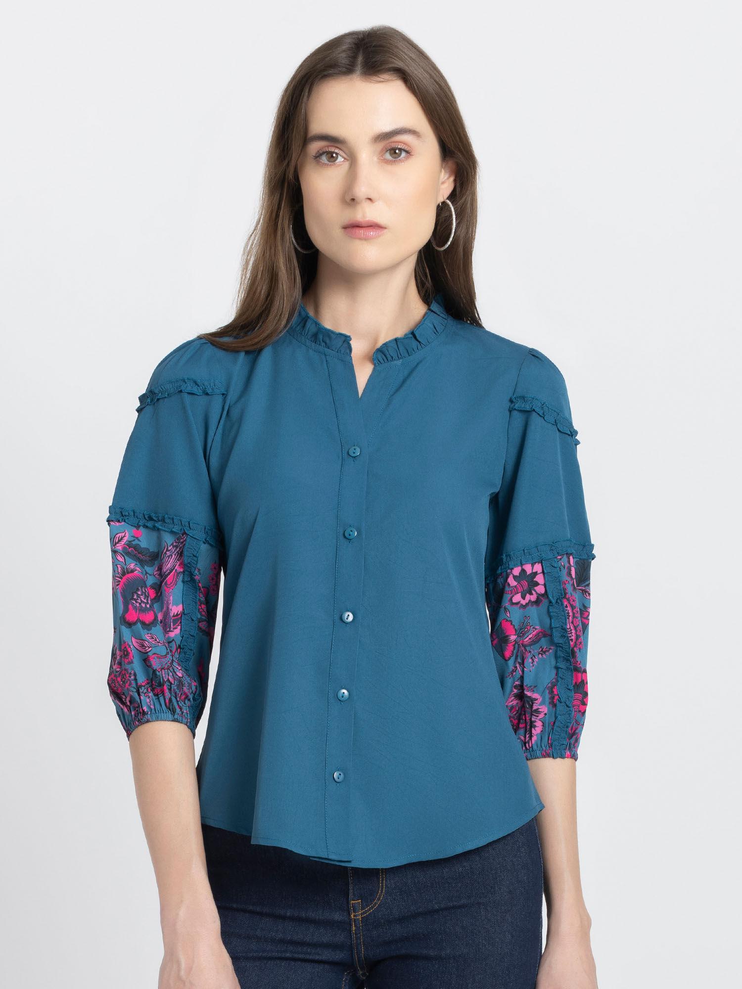 teal floral three fourth sleeves casual shirts for women