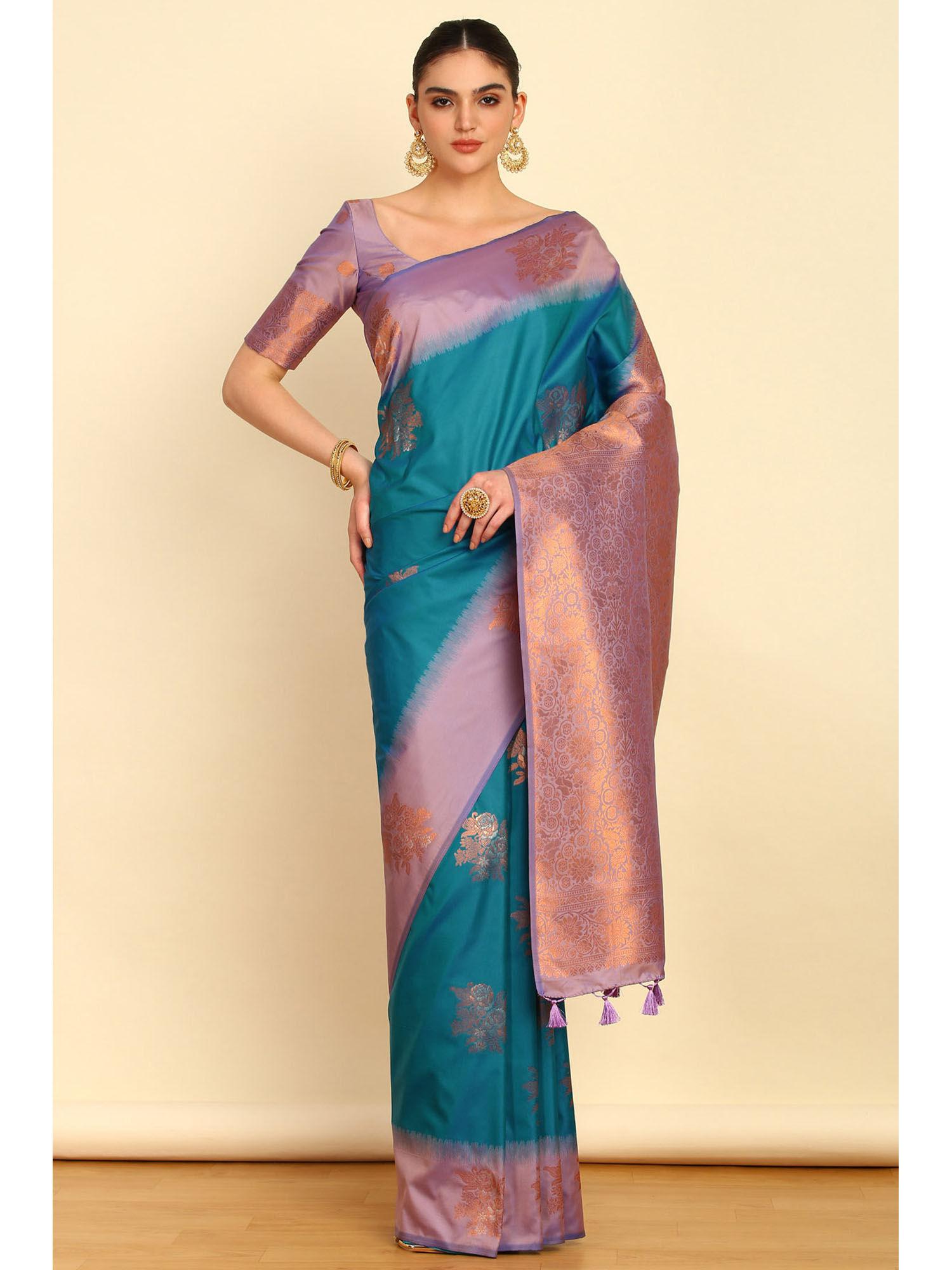 teal floral zari woven design silk blend saree with tassels with unstitched blouse