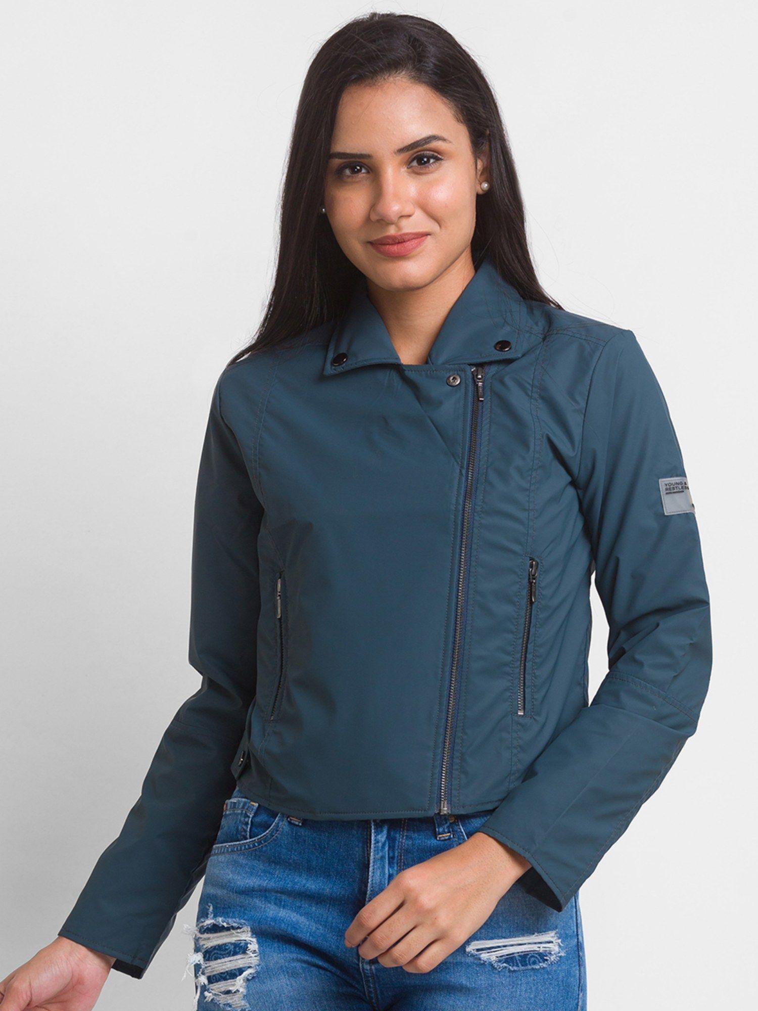 teal full sleeve casual jacket for women