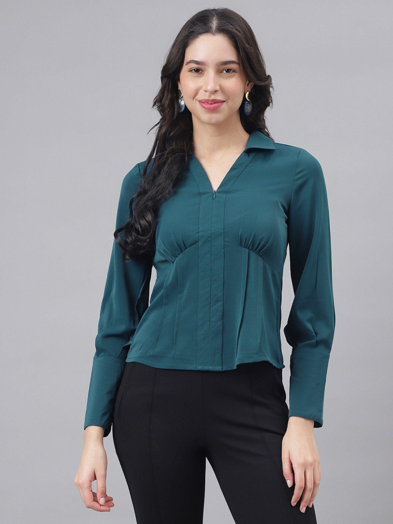 teal full sleeve shirt collar women solid blouse top