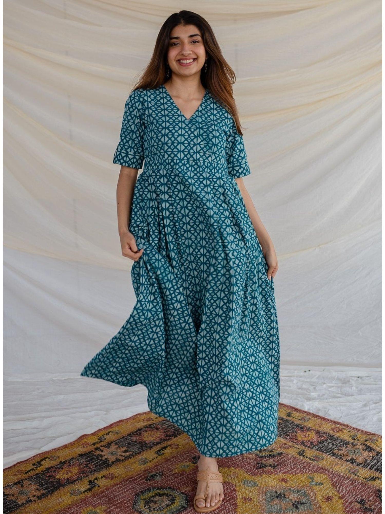 teal geometric print dabu cotton dress