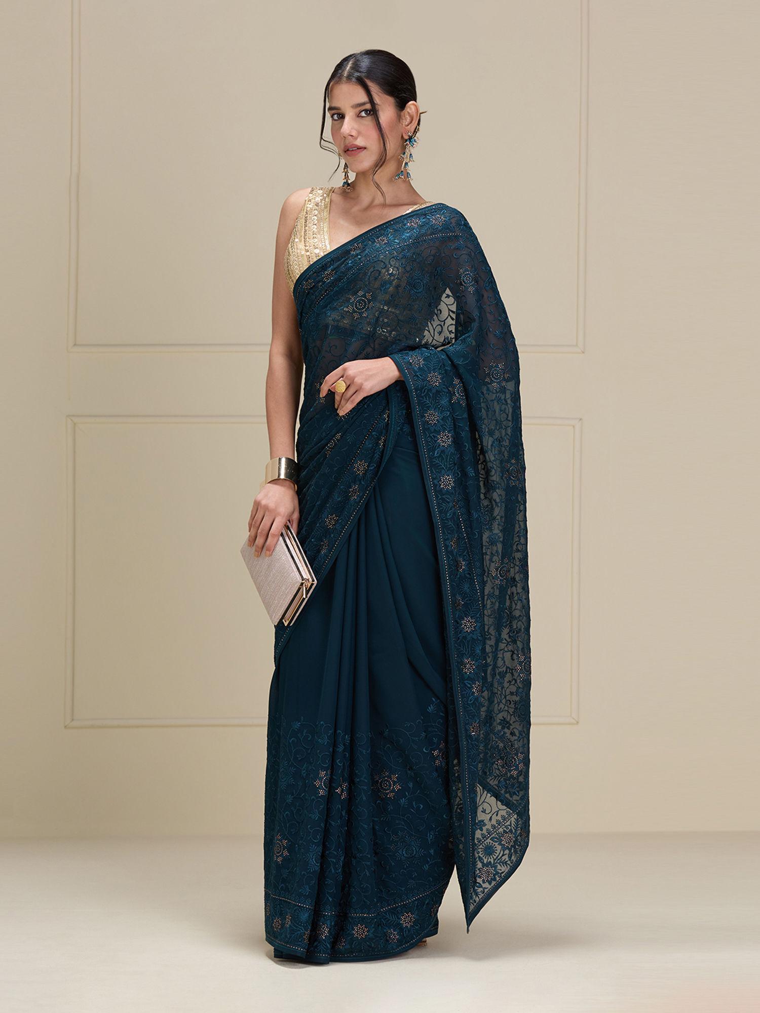 teal georgette embroidered thread work party saree with unstitched blouse