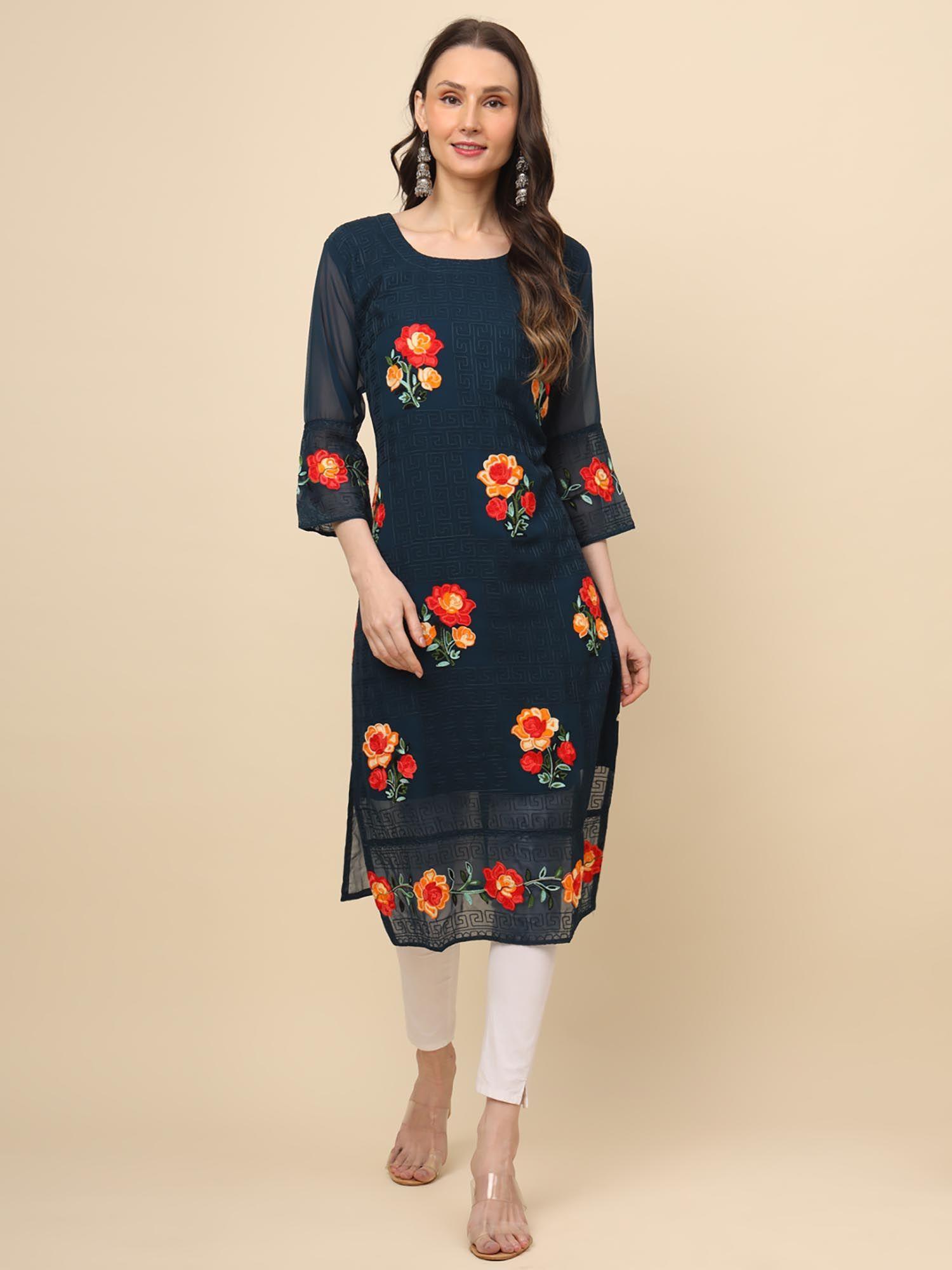 teal georgette embroidery work straigh kurta