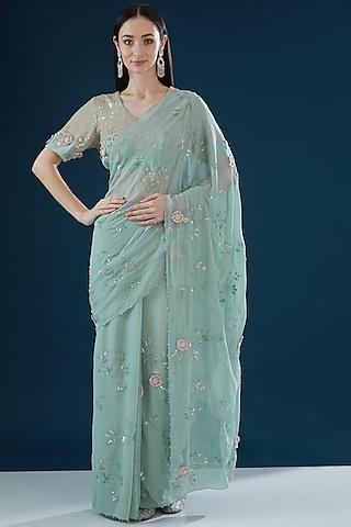 teal georgette hand embroidered saree set