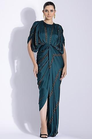 teal georgette satin digital printed hand draped kaftan gown