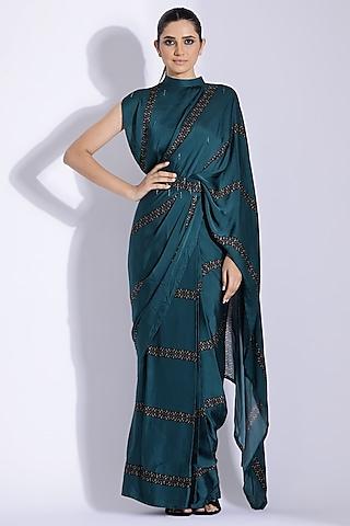 teal georgette satin digital printed pre-stitched saree set