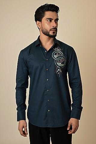teal giza cotton thread embroidered shirt