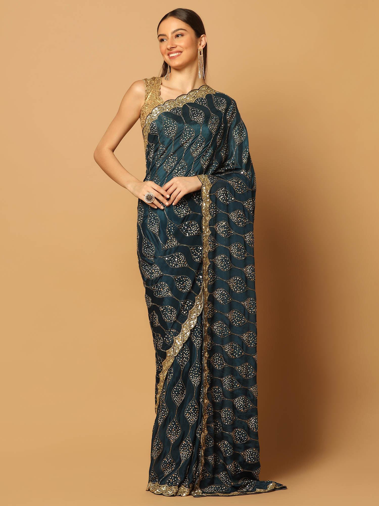 teal gold jaal embroidered saree with unstitched blouse